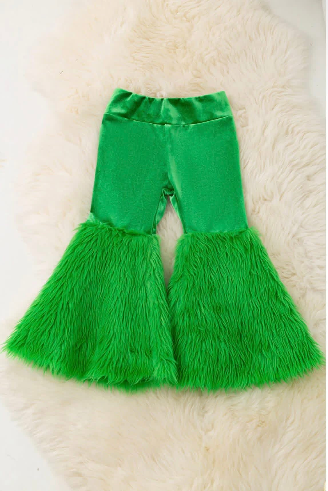 Holiday Green Velvety with soft Fur Bell Bottoms