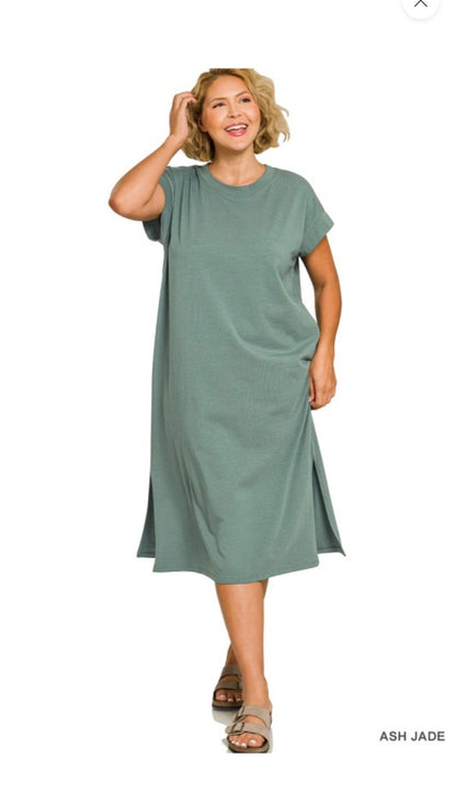 (Full figure size only) Side Slit T- Shirt Midi Dress - 4 colors available