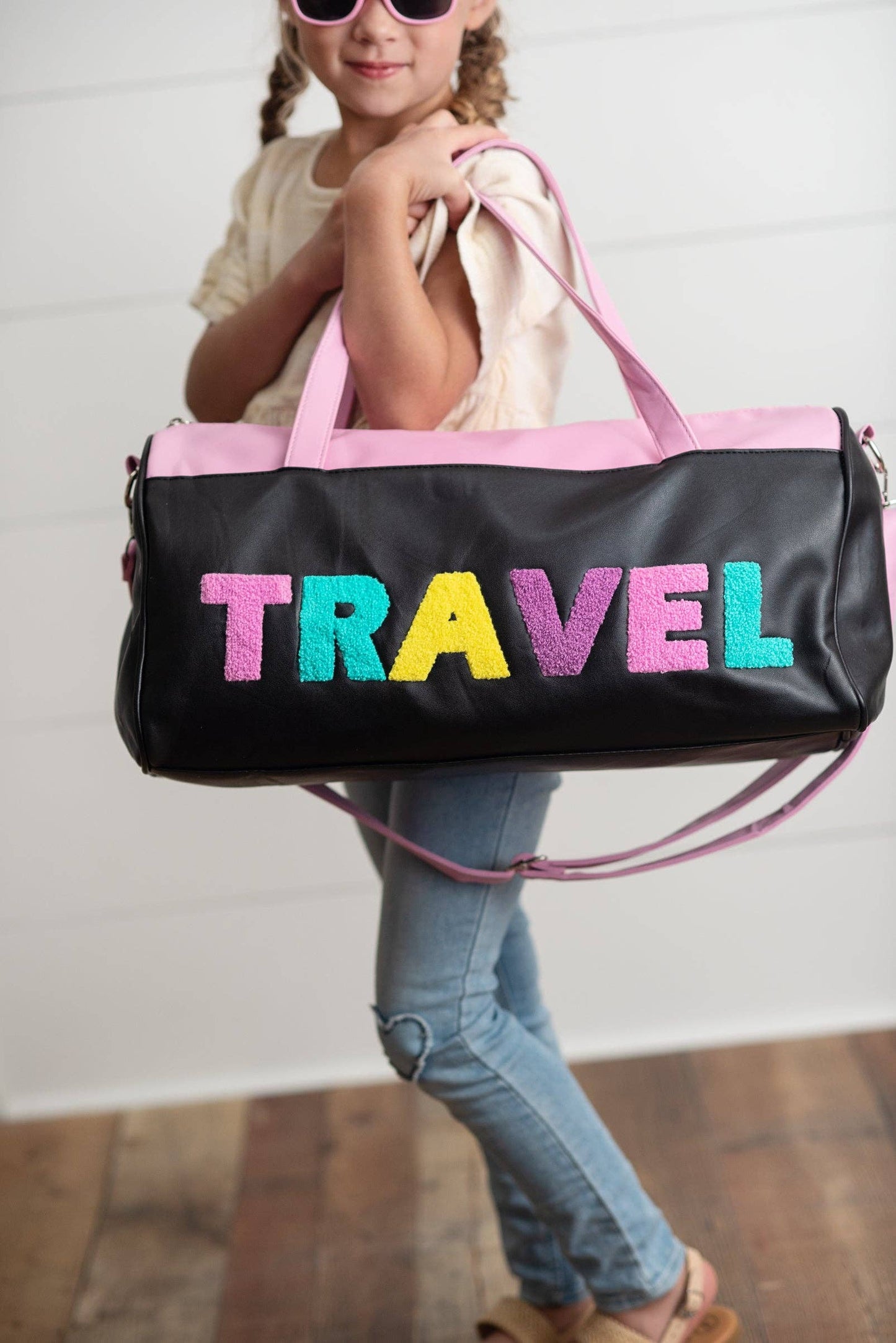 Kids Pink & Black Fuzzy Letter Weekender Travel Bag