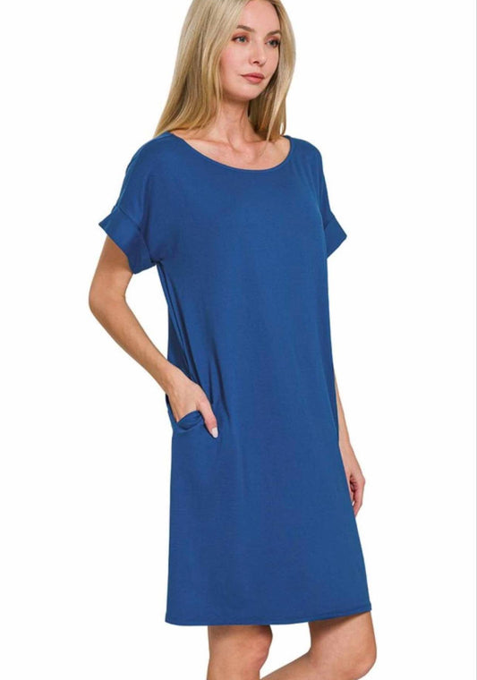Rolled Short Sleeve Round Neck Dress