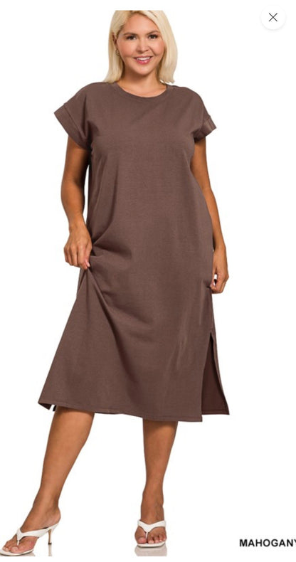 (Full figure size only) Side Slit T- Shirt Midi Dress - 4 colors available