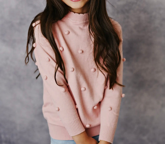 Kids Pink Pom Pom Winter Crew Neck Sweater