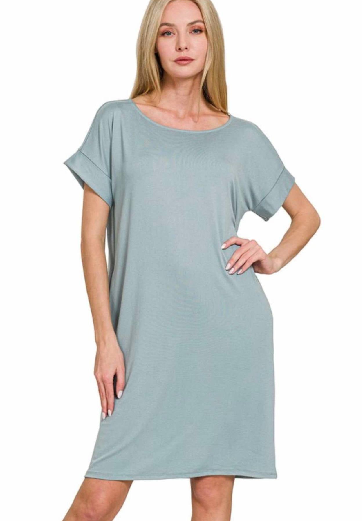 Rolled Short Sleeve Round Neck Dress