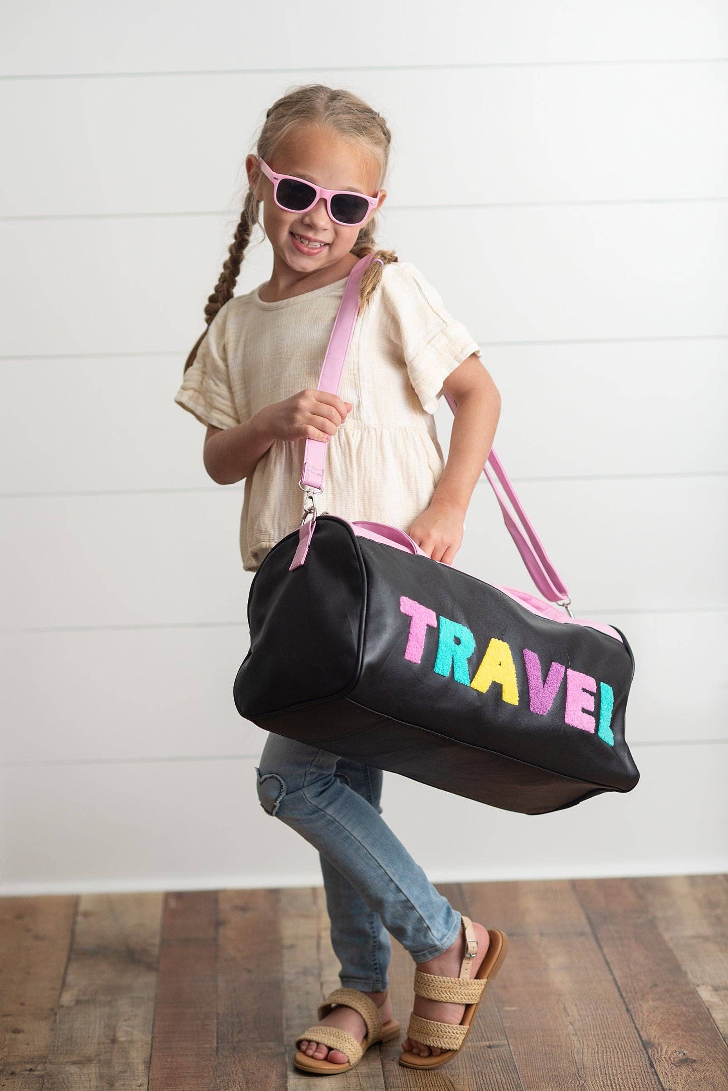 Kids Pink & Black Fuzzy Letter Weekender Travel Bag